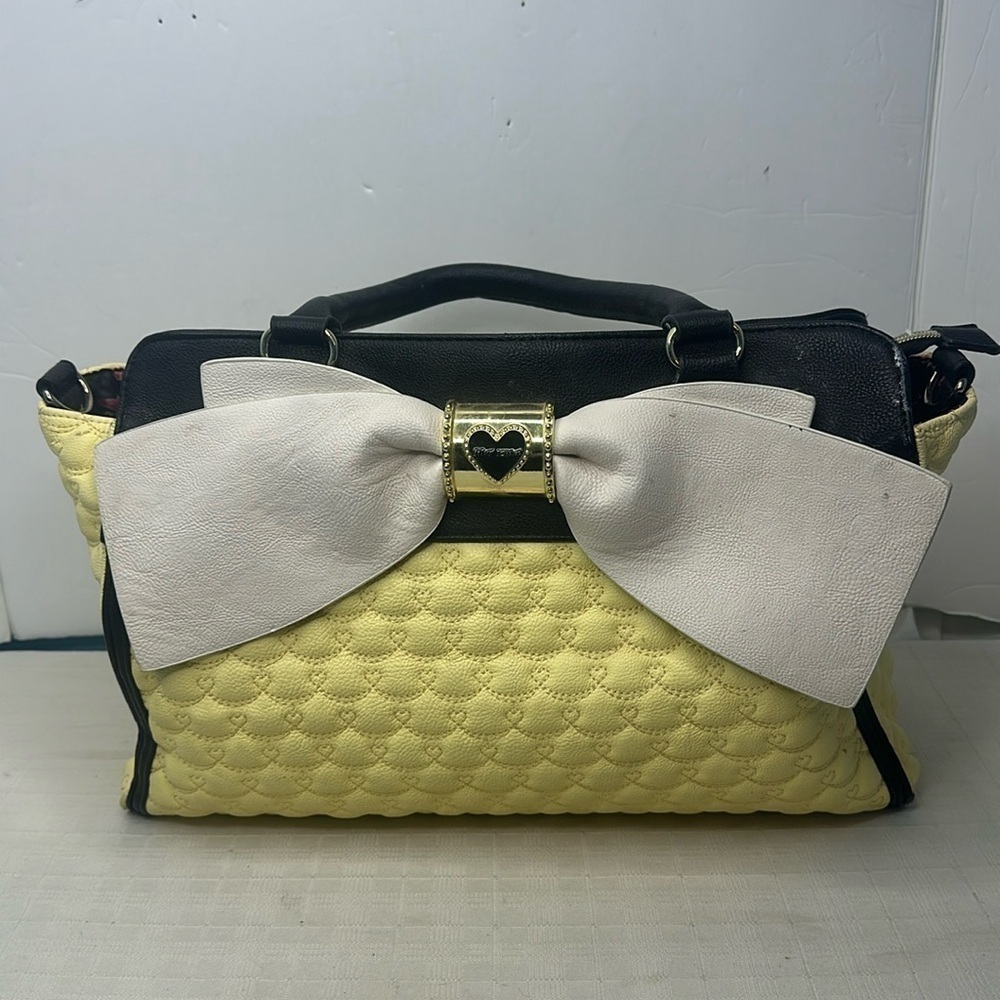 Betsey Johnson sunny yellow embroidered hearts satchel